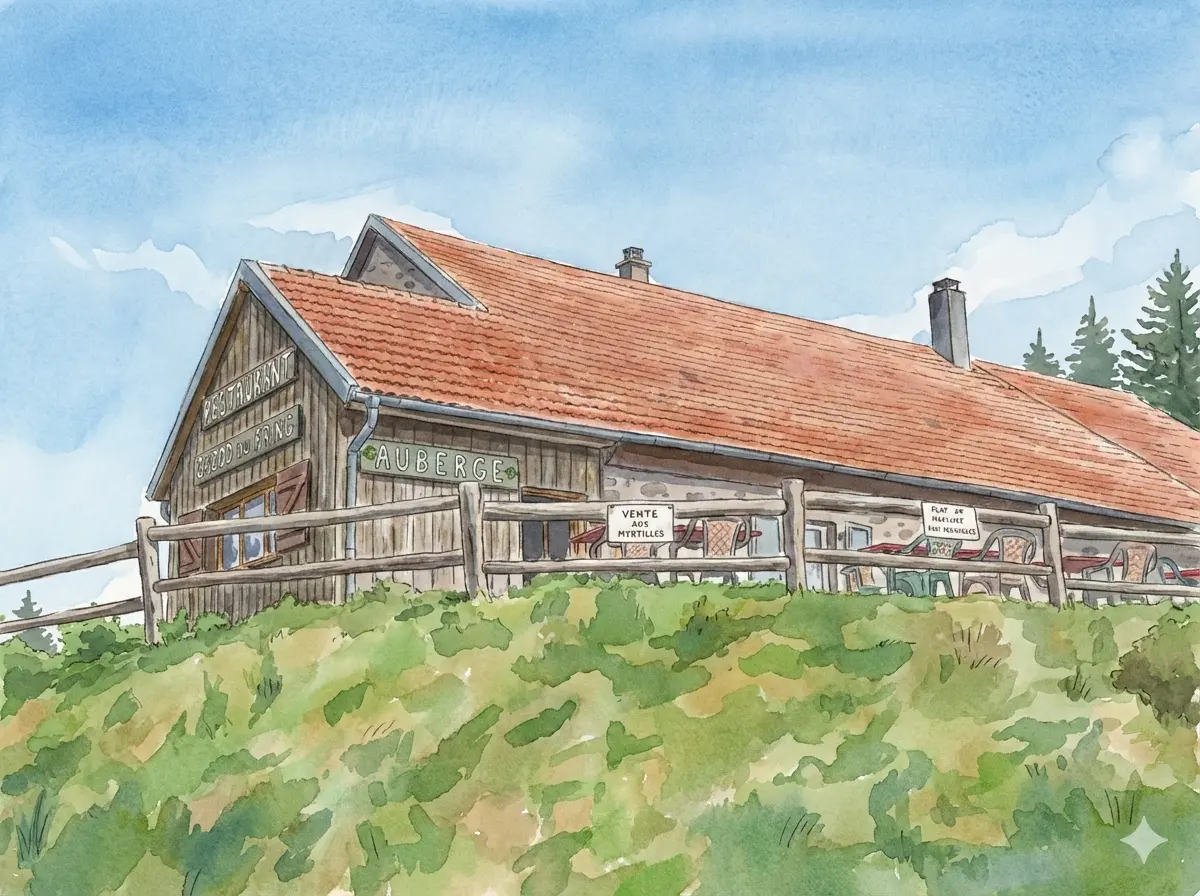 Illustration de l’Auberge du Gazon du Faing : bâtiment de montagne au style traditionnel vosgien, situé en pleine nature, représentant un lieu de restauration et d’hébergement au cœur du massif des Vosges.