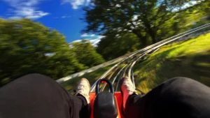 Vue embarquée sur une luge d’été à La Bresse, descendant une piste en pleine forêt, illustrant l’attraction, les sensations et les tarifs de la luge d’été en 2026.